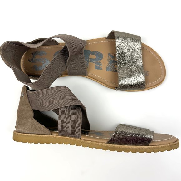 Sorel Shoes - Sorel Ella Sandals Open Toe Metallic Leather Comfortable Taupe Brown Size 9
